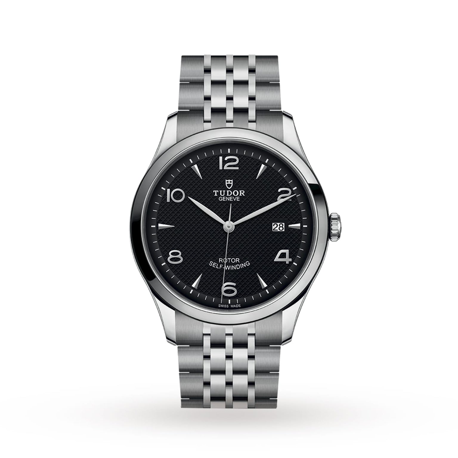 The TUDOR 1926 is a stainless steel wristwatch with a black textured dial, silver markers, date at 3 oclock, and a multi-link bracelet, all protected by a sapphire crystal lens.