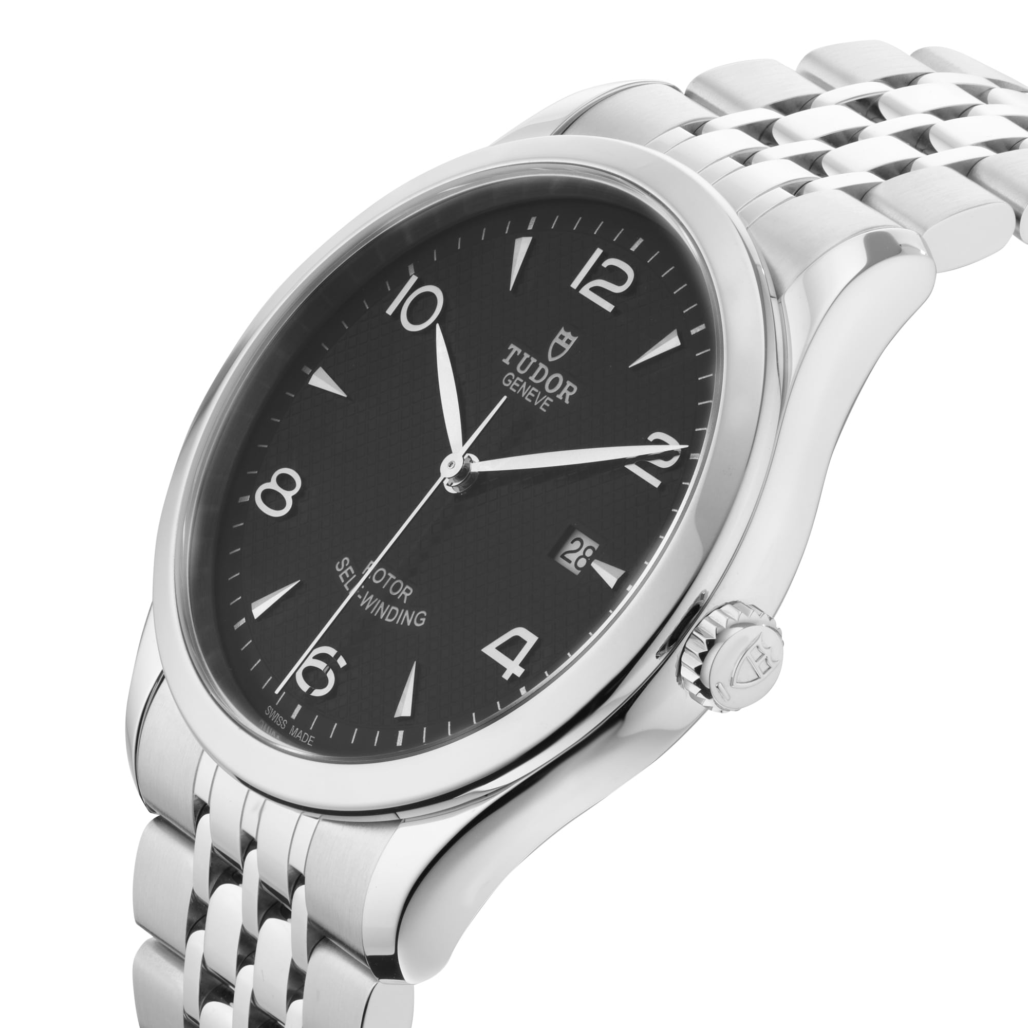 A silver TUDOR 1926 wristwatch with a black dial, date window, and metal link bracelet, shown angled to the right.