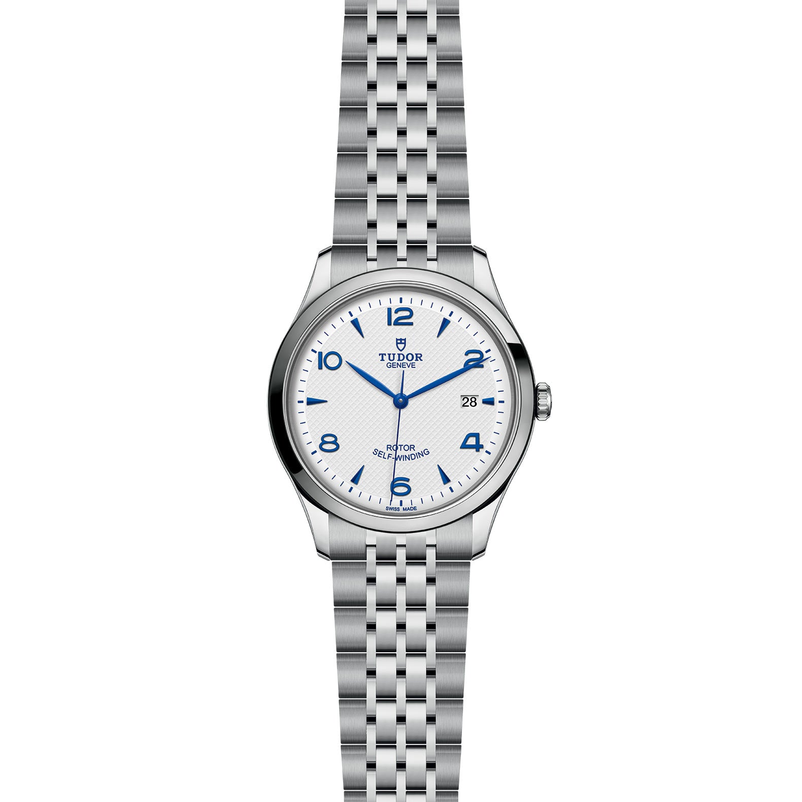 The TUDOR 1926 is a stainless steel men’s watch with a silver link bracelet, white dial, blue Arabic numerals, date at 3 o’clock, and TUDOR branding below 12—ideal for lovers of classic mechanical watches.
