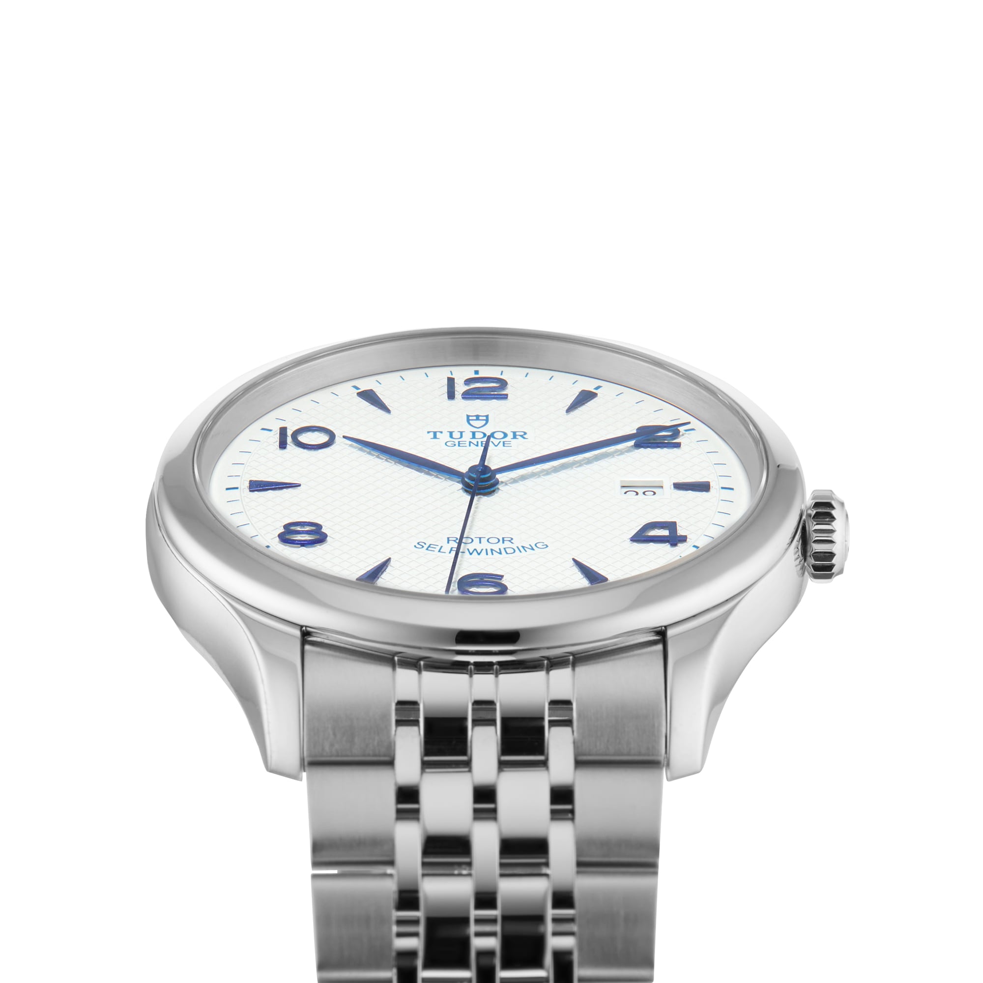 A TUDOR 1926 silver men’s watch with a white dial, blue Arabic numerals and hands, plus a metal link bracelet, is shown at an angle on a white background—an elegant pick for classic mechanical timepiece enthusiasts.