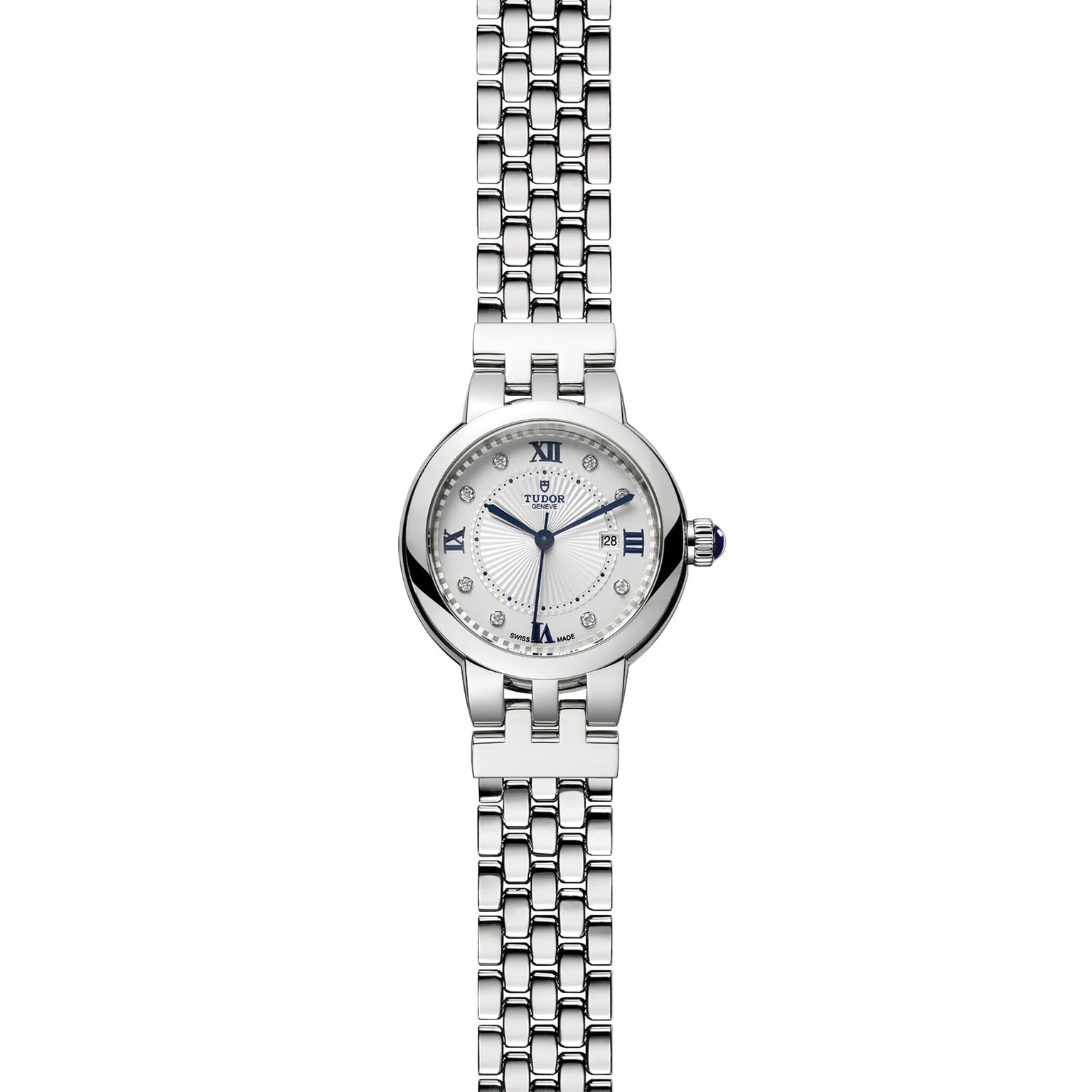 TUDOR Clair de Rose silver wristwatch with a round white face, Roman numerals, and metal link bracelet displayed on a white background.