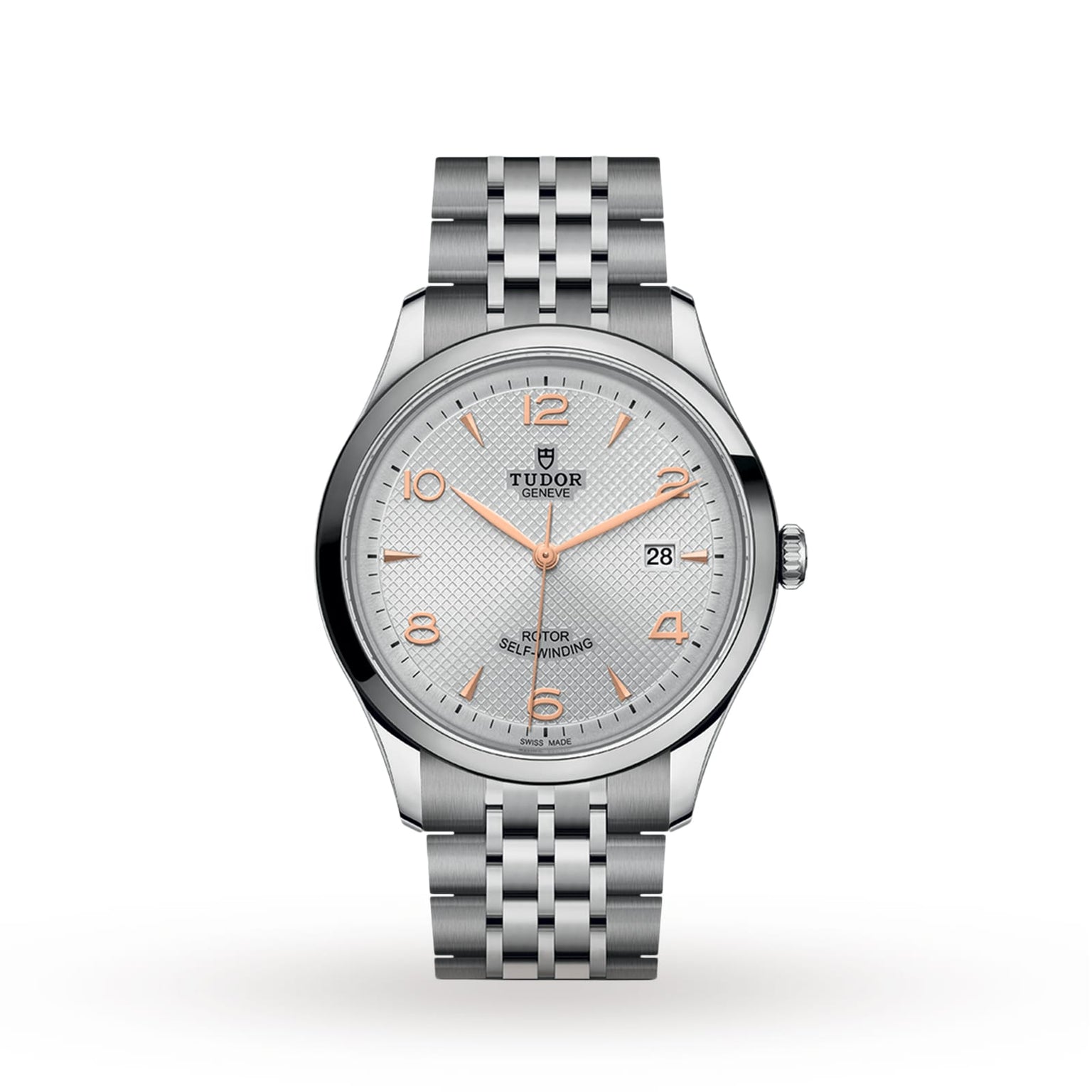 The TUDOR 1926 is a silver wristwatch featuring a textured white dial, gold hour markers, date display at 3 o’clock, and a stainless steel bracelet—an elegant nod to classic mechanical timepieces.