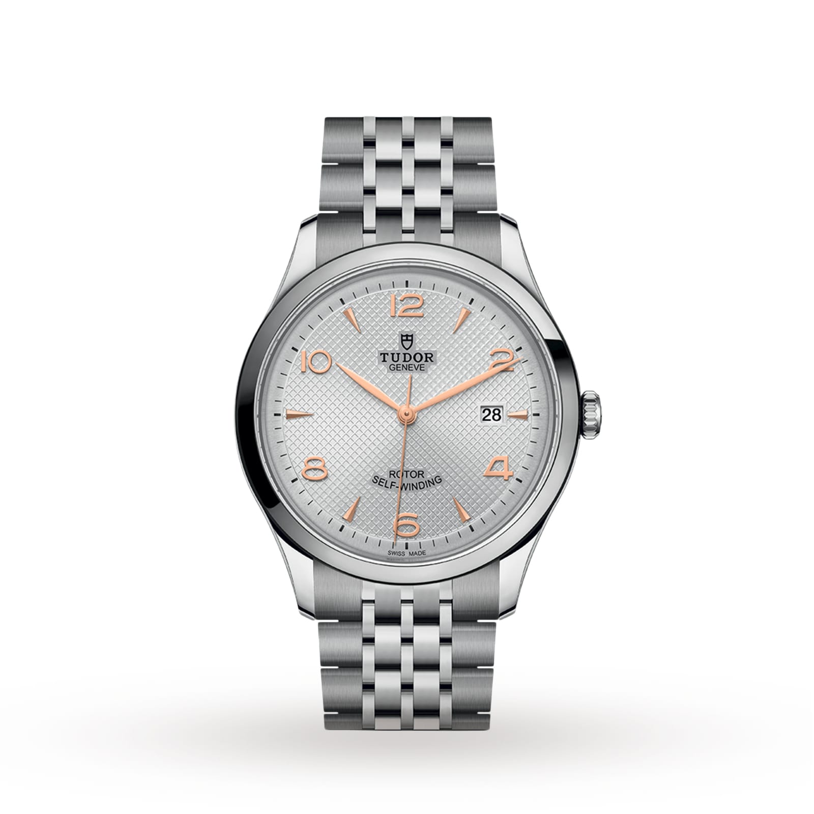 The TUDOR 1926 is a silver wristwatch featuring a textured white dial, gold hour markers, date display at 3 o’clock, and a stainless steel bracelet—an elegant nod to classic mechanical timepieces.