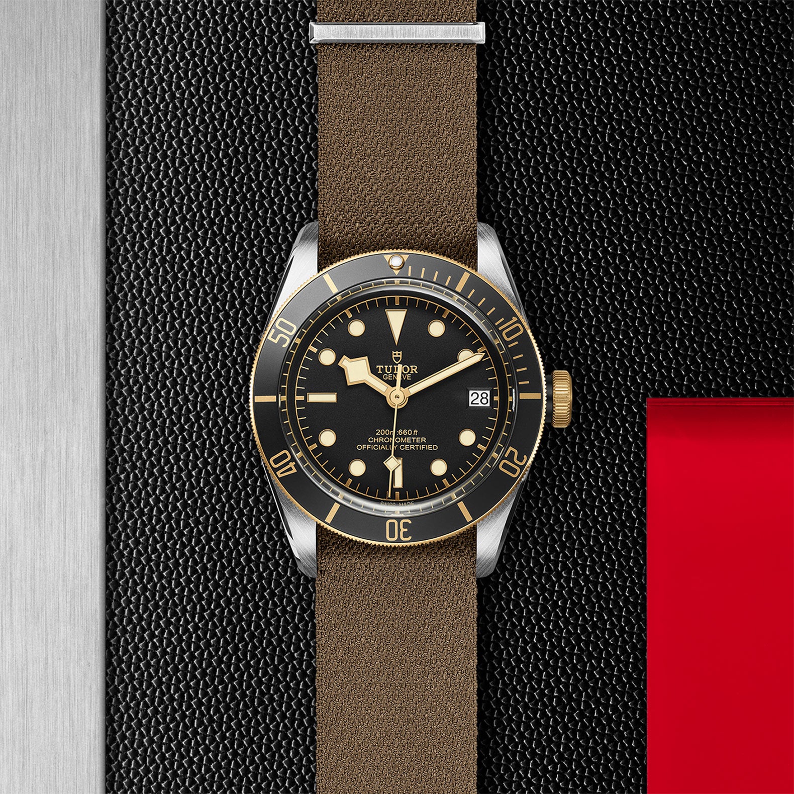 The TUDOR Black Bay S&G, featuring a brown strap, black dial, gold accents, and date display, rests on a textured black and metallic surface with a red detail, showcasing the timeless style of TUDOR diving watches.