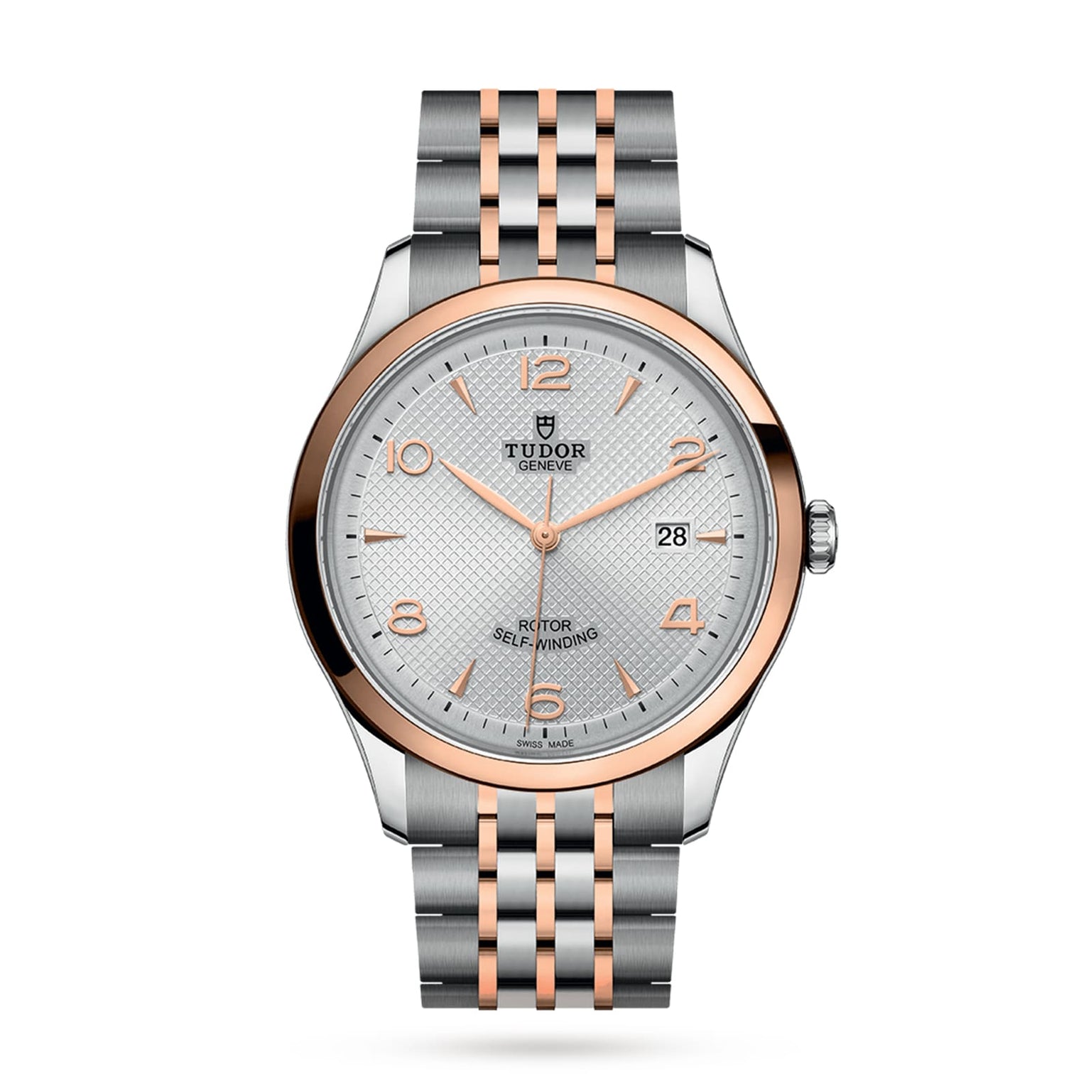 The TUDOR 1926 features a silver and rose gold two-tone band, a white patterned dial, gold hour markers, and a date window at 3 o’clock—an elegant mechanical watch for timeless style.