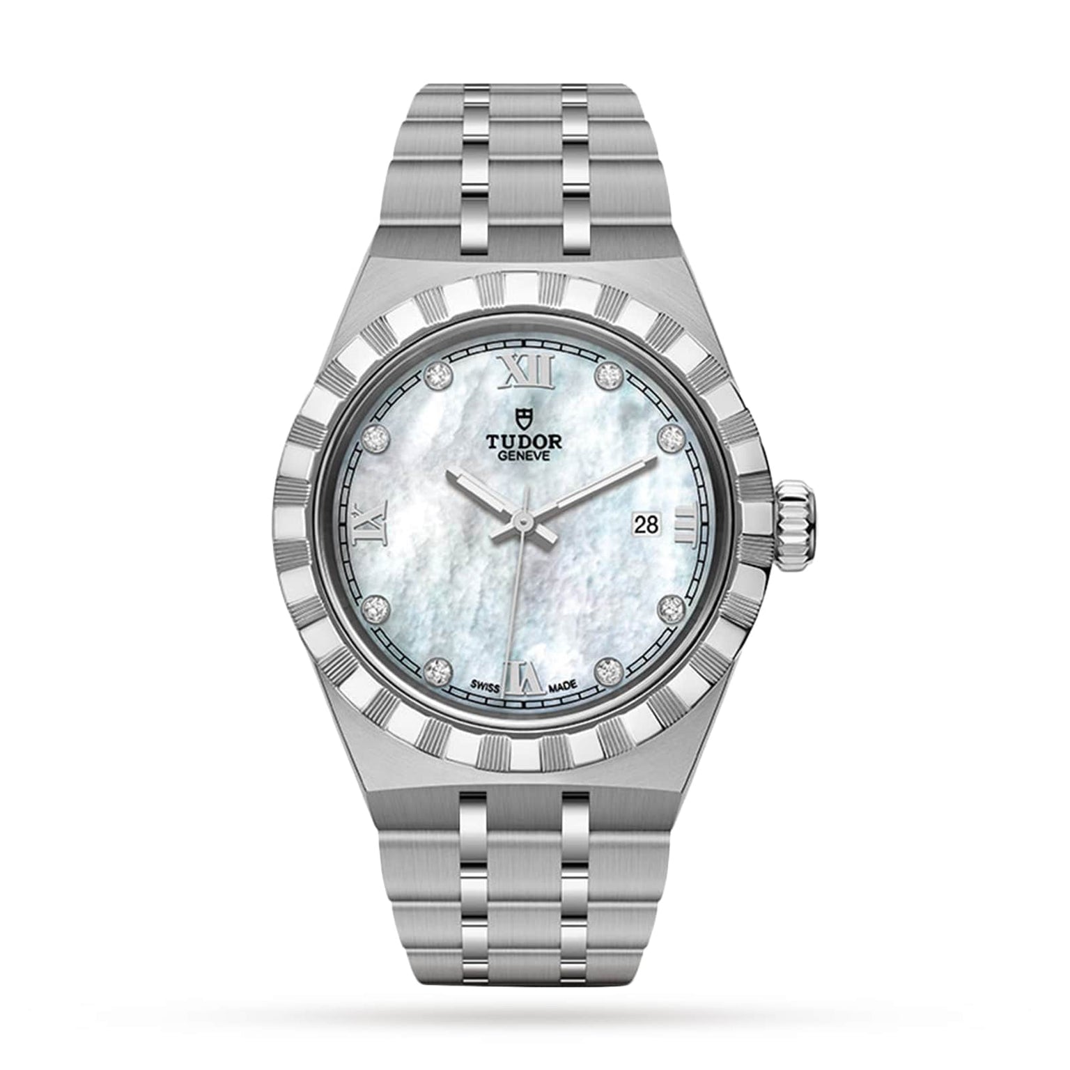 The TUDOR Royal is a silver automatic wristwatch with a metal bracelet, fluted bezel, mother-of-pearl dial, diamond hour markers, Roman numerals, and a date window at 3 o’clock—timeless sport-chic style.