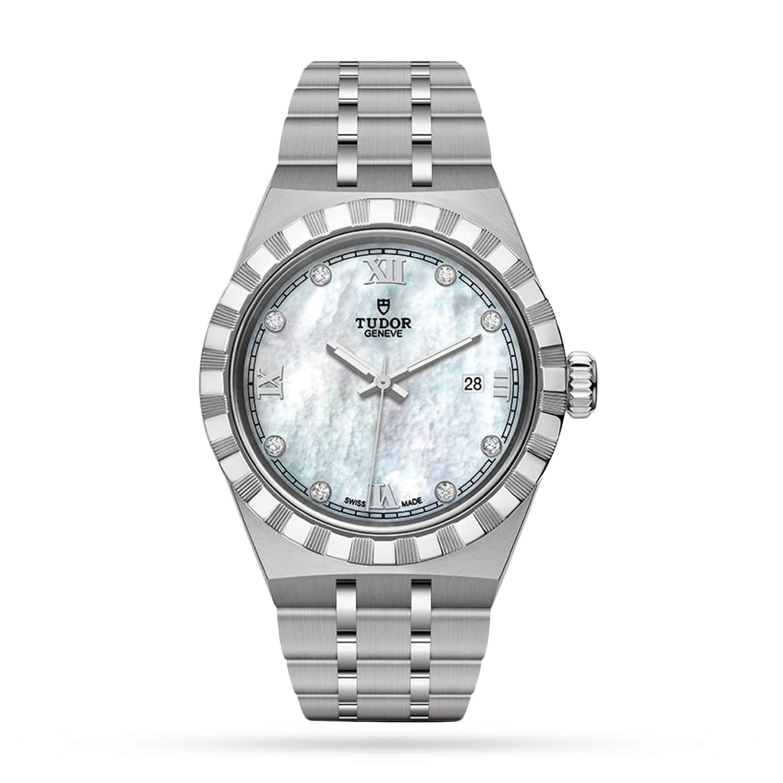 The TUDOR Royal is a silver automatic wristwatch with a metal bracelet, fluted bezel, mother-of-pearl dial, diamond hour markers, Roman numerals, and a date window at 3 o’clock—timeless sport-chic style.