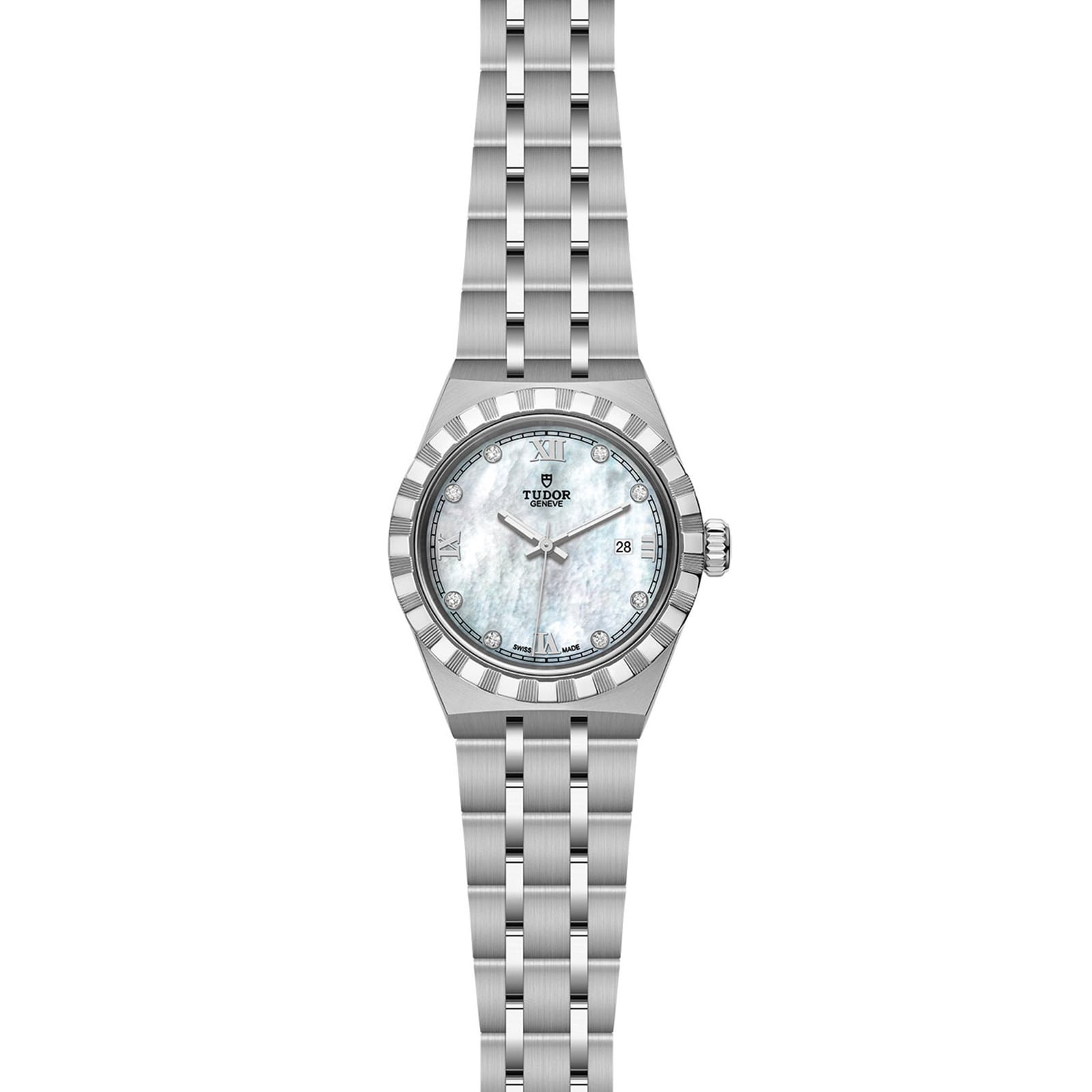 The TUDOR Royal is a refined automatic sport-chic watch in stainless steel and gold, featuring a silver bracelet, fluted bezel, white mother-of-pearl dial with Roman numerals, and a date window at 3 o’clock.