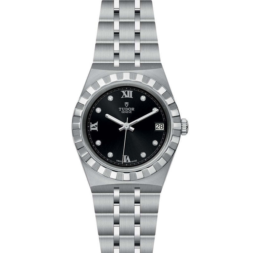 The TUDOR Royal is a stainless steel wristwatch featuring a black dial with Roman numerals, date at 3 o’clock, and an integrated five-link bracelet—capturing the automatic sport-chic style.