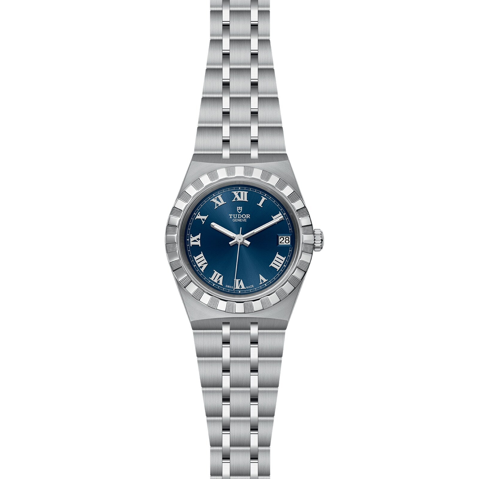 The TUDOR Royal is a stainless steel and gold wristwatch featuring a blue dial, Roman numerals, fluted bezel, date window at 3 o’clock, and embodies the automatic sport-chic style.
