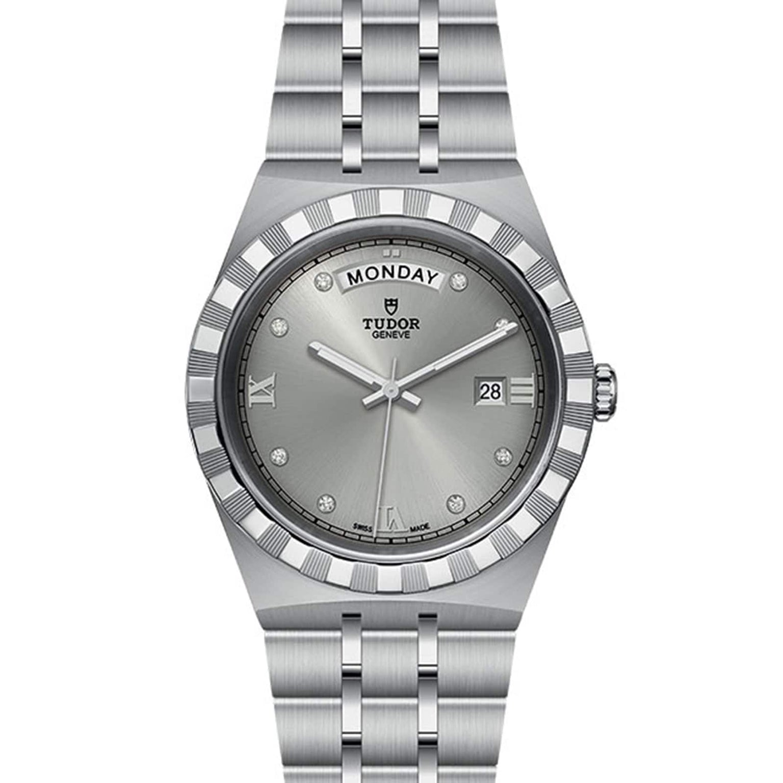 The TUDOR Royal is a silver wristwatch with an integrated bracelet, featuring a silver dial with diamond hour markers, day at 12 o’clock, and date at 3 o’clock—an automatic sport-chic statement.