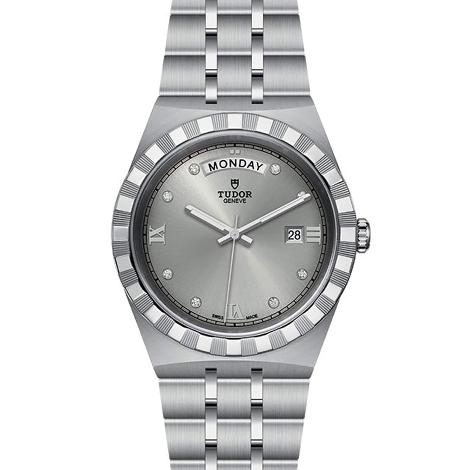 The TUDOR Royal is a silver wristwatch with an integrated bracelet, featuring a silver dial with diamond hour markers, day at 12 o’clock, and date at 3 o’clock—an automatic sport-chic statement.