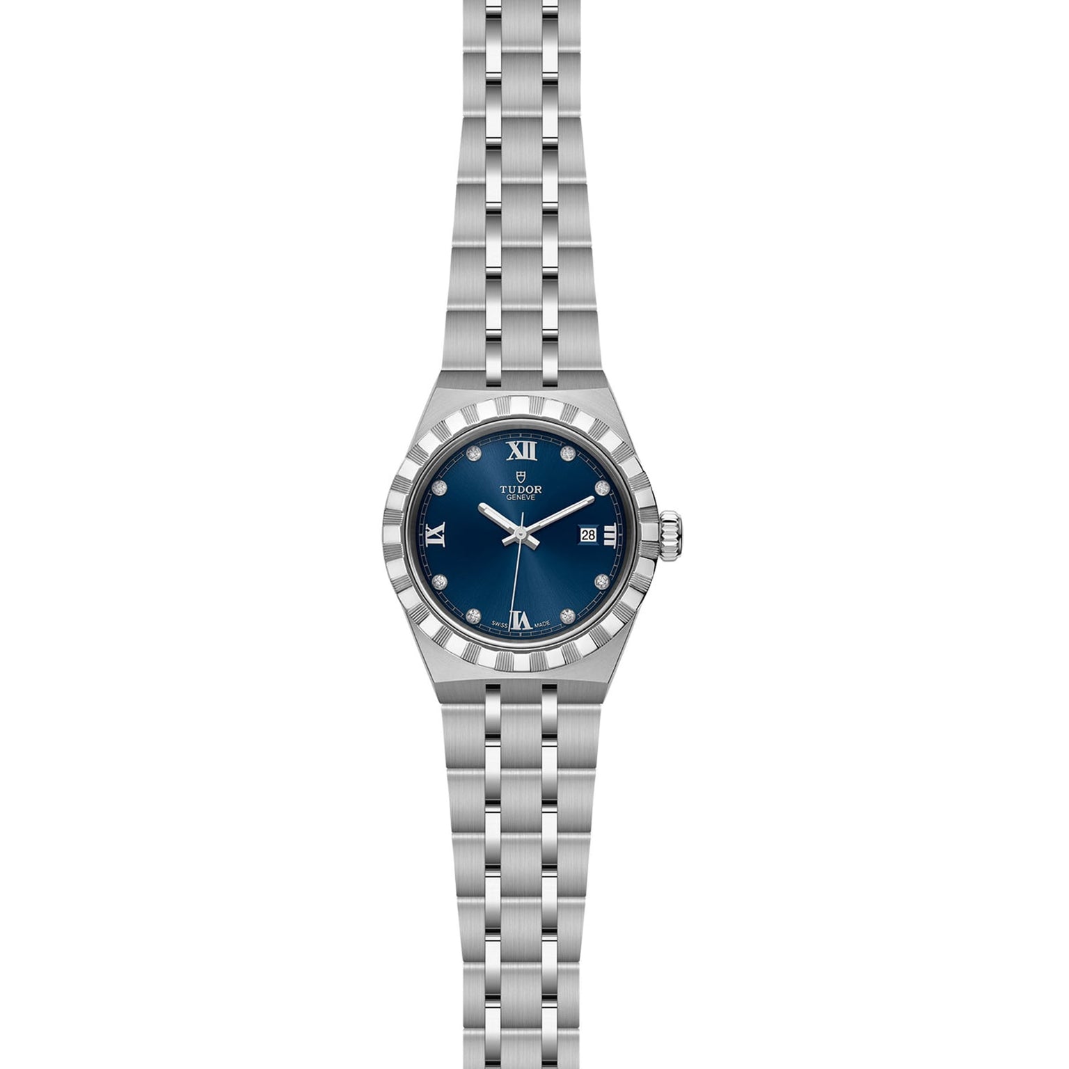 The TUDOR Royal is a stainless steel watch with a blue dial, Roman numerals, diamond markers, date display, and an integrated bracelet for a refined sport-chic style.