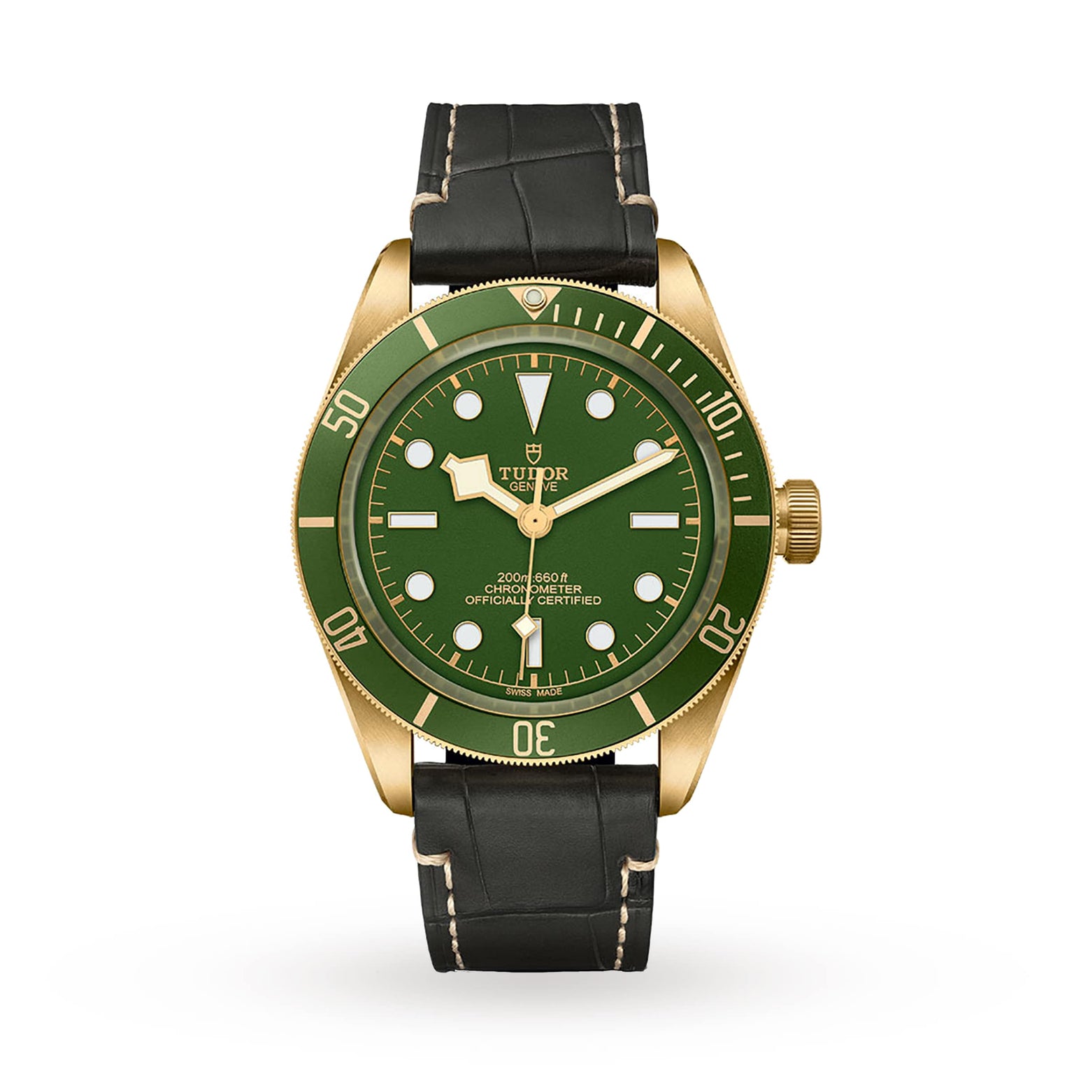 The TUDOR Black Bay 58 18K features a gold case, green bezel and dial, white markers, and a black leather strap. Displayed on a white background, it draws inspiration from Tudor’s iconic divers watch heritage.