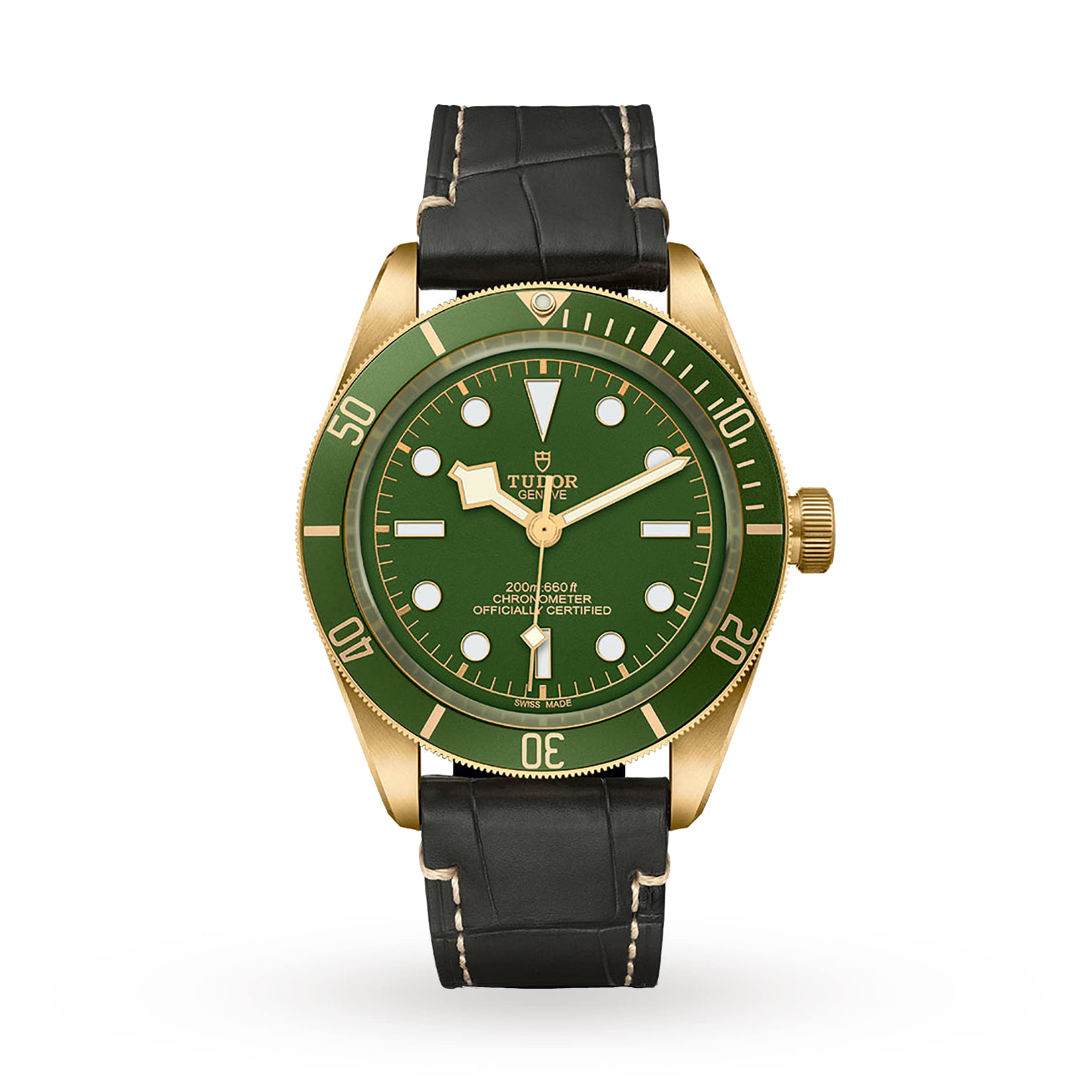 The TUDOR Black Bay 58 18K features a gold case, green bezel and dial, white markers, and a black leather strap. Displayed on a white background, it draws inspiration from Tudor’s iconic divers watch heritage.
