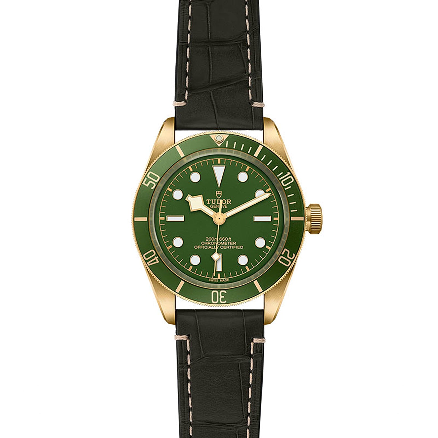 The TUDOR Black Bay 58 18K is a green and gold divers watch with a black leather strap, rotating bezel, and three hands, shown against a white background.