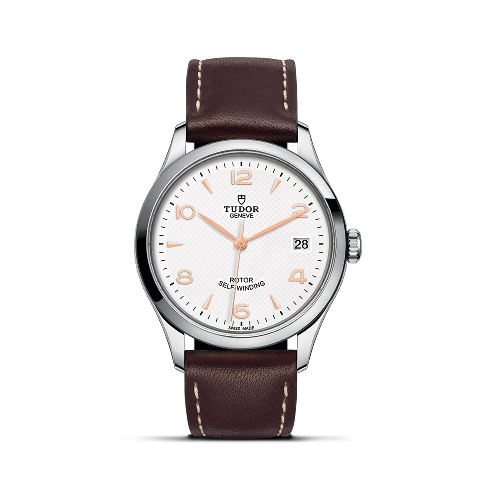 The TUDOR 1926 features a white textured dial, brown leather strap, silver case, gold-tone markers, date at 3 o’clock, and ROTOR SELF-WINDING text—a classic elegant wristwatch.