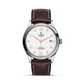 The TUDOR 1926 wristwatch features an elegant white dial, brown leather strap, silver case, gold hour markers, and a date display at 3 o’clock—capturing the timeless style of TUDOR.