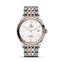The TUDOR 1926 is a classic two-tone wristwatch featuring a white textured dial, date at 3 o’clock, and a silver and rose gold bracelet—a timeless choice for mechanical watch enthusiasts.