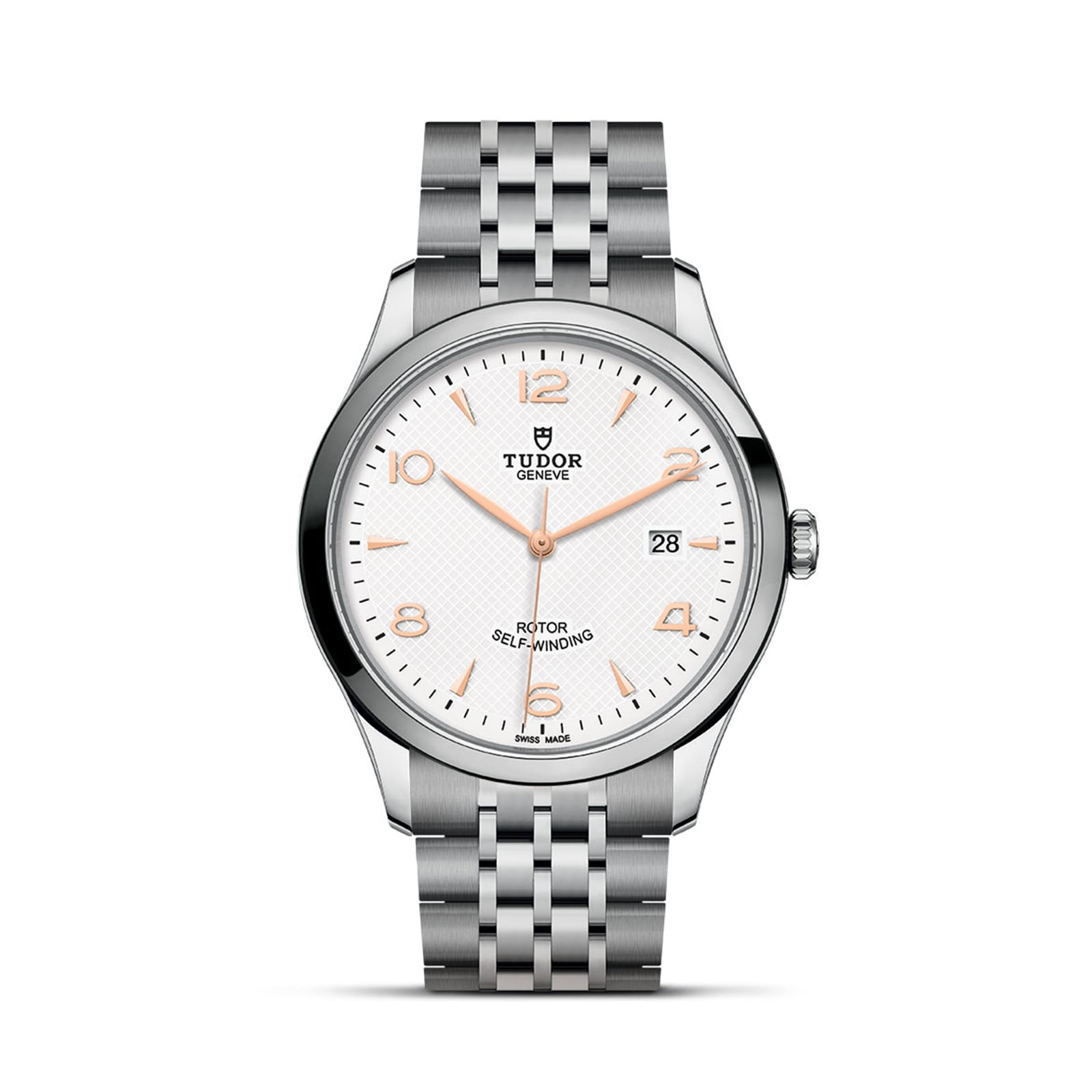 A silver TUDOR 1926 wristwatch with a white dial, gold hour markers, date display, and a stainless steel bracelet—an elegant tribute to mechanical watches inspired by the legacy of Rolex’s founder.