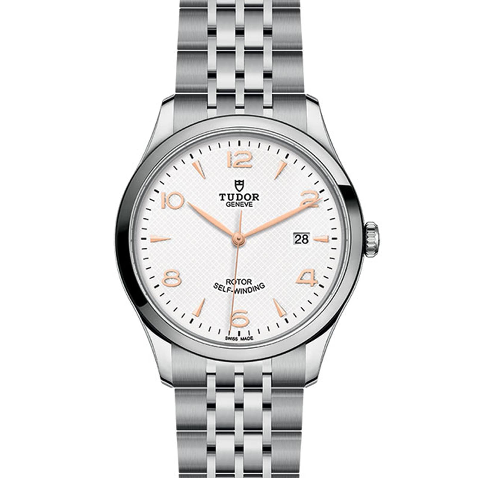 The TUDOR 1926 wristwatch features a silver case, white textured dial, gold-tone markers, and a date window at 3 o’clock.