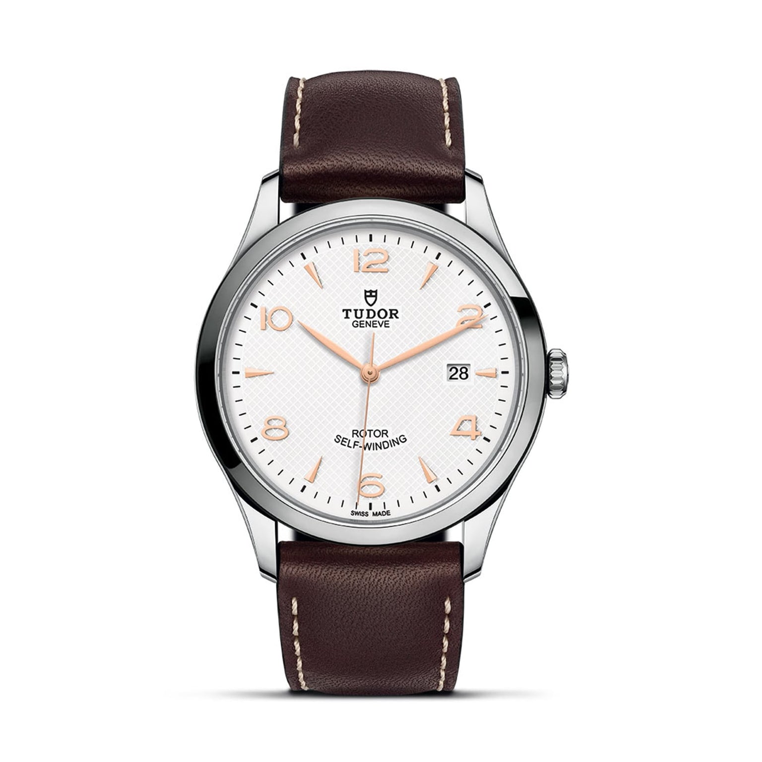 The TUDOR 1926 wristwatch features a white dial, gold hour markers, date display, stainless steel case, and brown leather strap—an elegant mechanical timepiece for discerning watch enthusiasts.