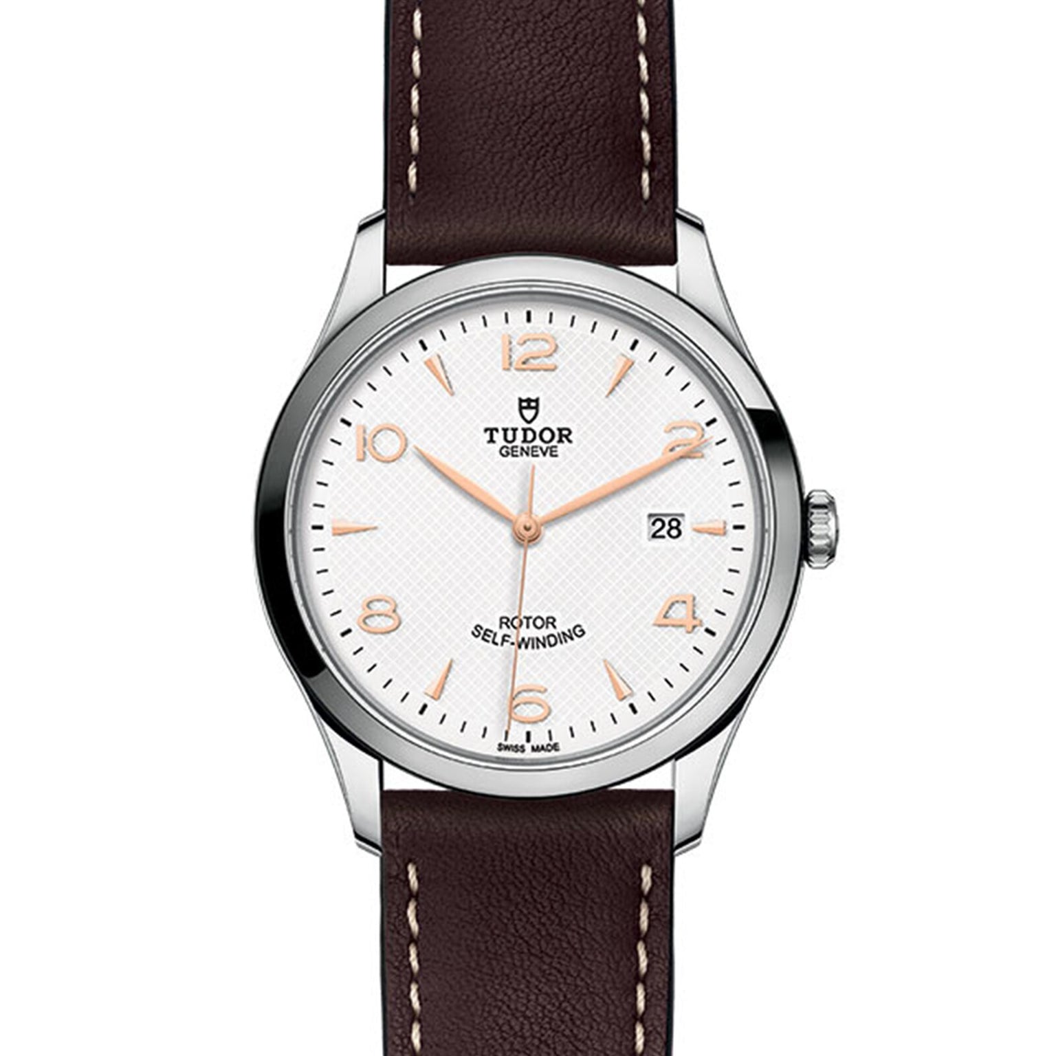 A TUDOR 1926 wristwatch featuring a white dial, brown leather strap, silver case, date display at 3 o’clock, and gold hour markers and hands.