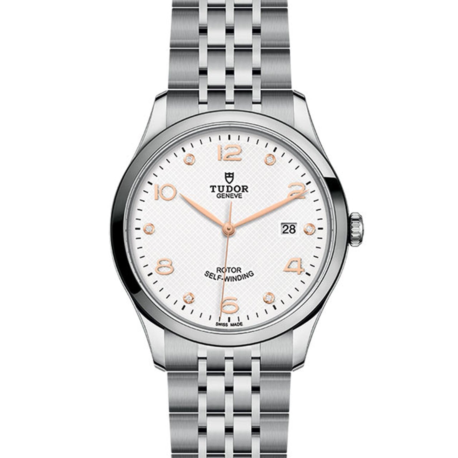 The TUDOR 1926 is a classic silver wristwatch featuring a white textured dial, rose gold hour markers, date window at 3 o’clock, and a metal link bracelet.