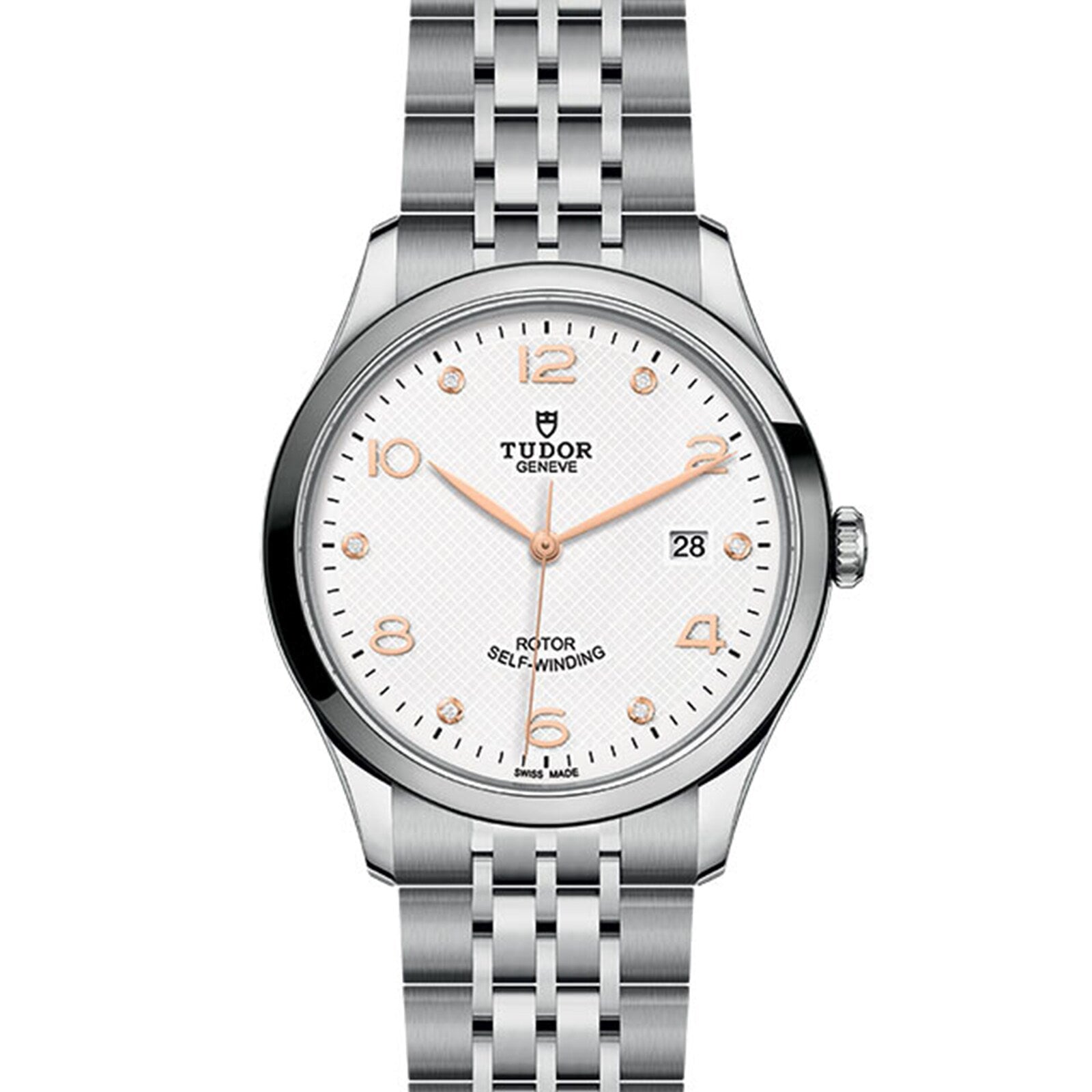 The TUDOR 1926 is a classic silver wristwatch featuring a white textured dial, rose gold hour markers, date window at 3 o’clock, and a metal link bracelet.