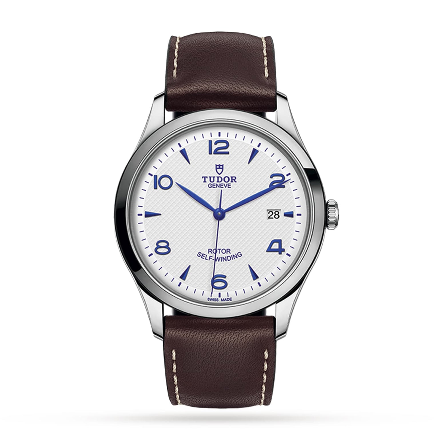 The TUDOR 1926 wristwatch pairs an opaline dial with blue Arabic numerals, a date at 3 o’clock, stainless steel case, and brown leather strap—classic style for mechanical watch enthusiasts.