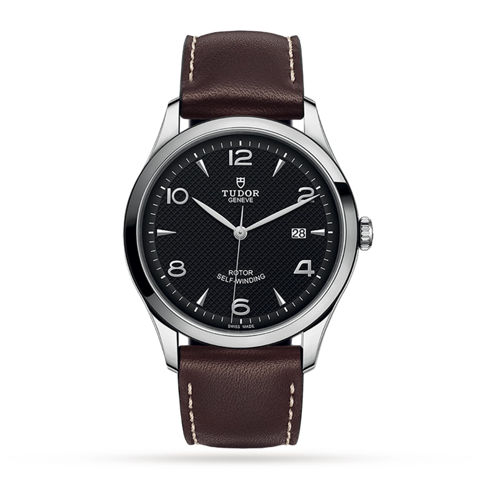 The TUDOR 1926 features a black textured dial, silver-tone indices and hands, date window at 3 o’clock, sapphire crystal, and a brown leather strap with white stitching.