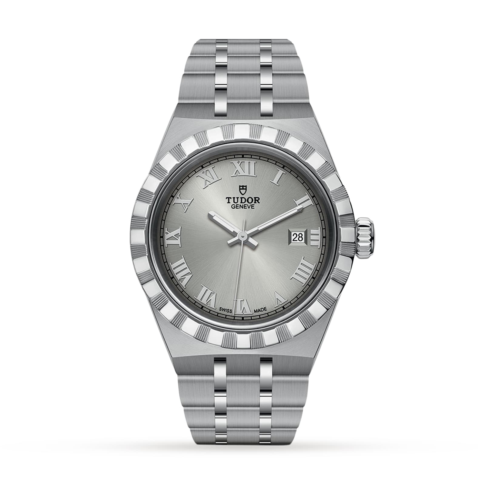 The TUDOR Royal is a stainless steel wristwatch with a silver dial, Roman numeral hour markers, date at 3 o’clock, and a metal bracelet—combining elegance and sport style for your collection.
