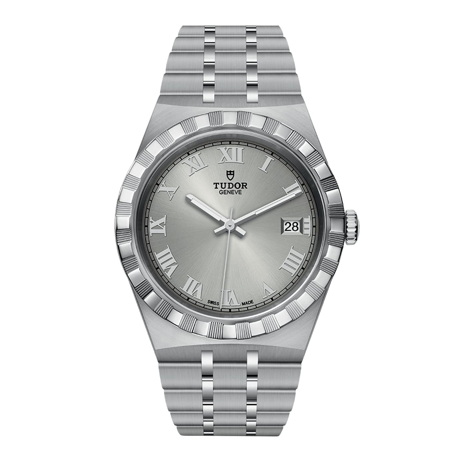 The TUDOR Royal is a stainless steel and gold wristwatch with a silver dial, Roman numerals, date window at 3 o’clock, and a sleek metal bracelet—an automatic sport-chic watch perfect for any occasion.