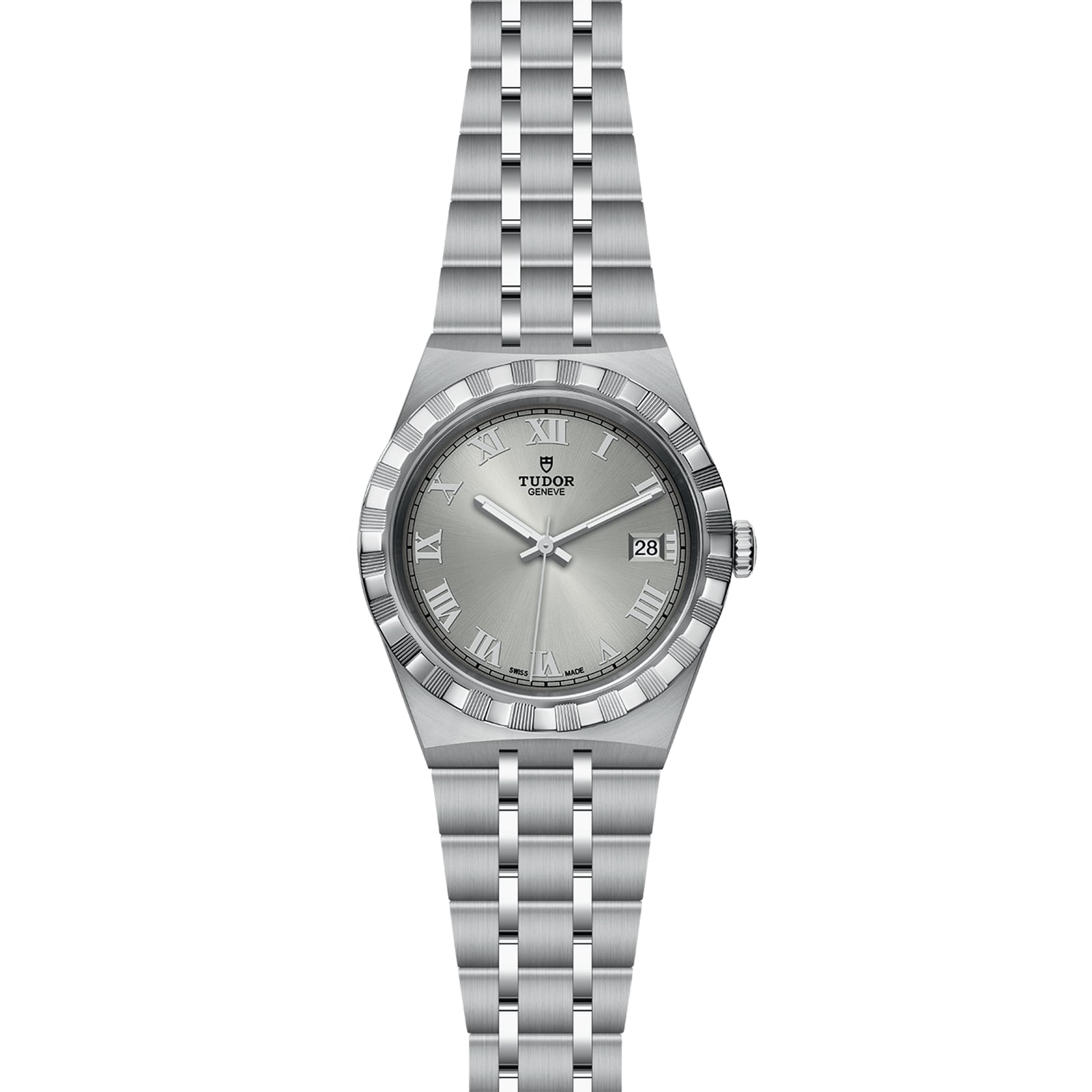 The TUDOR Royal is a stainless steel and gold wristwatch featuring a silver dial, Roman numeral hour markers, date window at 3 o’clock, and a five-link bracelet.