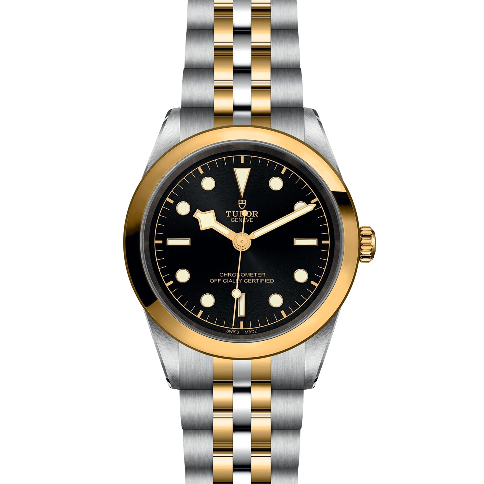 The TUDOR Black Bay One 41 S&G features a black dial, gold bezel, and two-tone silver and gold bracelet, displaying 10:10—a standout in TUDOR’s modern collection.