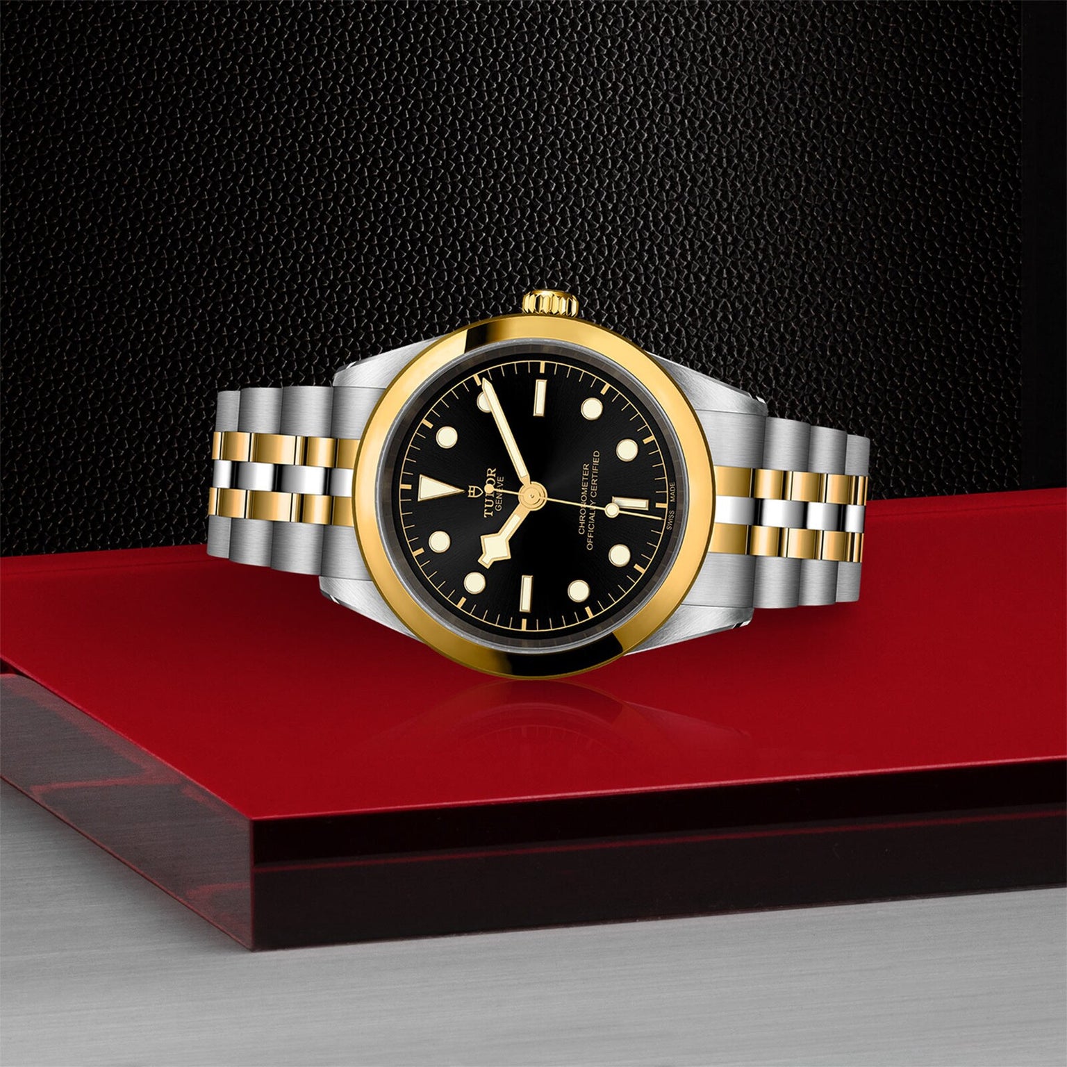 The TUDOR Black Bay One 41 S&G wristwatch, featuring a black dial, gold bezel, and silver-and-gold bracelet, is showcased on a red and gray platform against a textured black background.