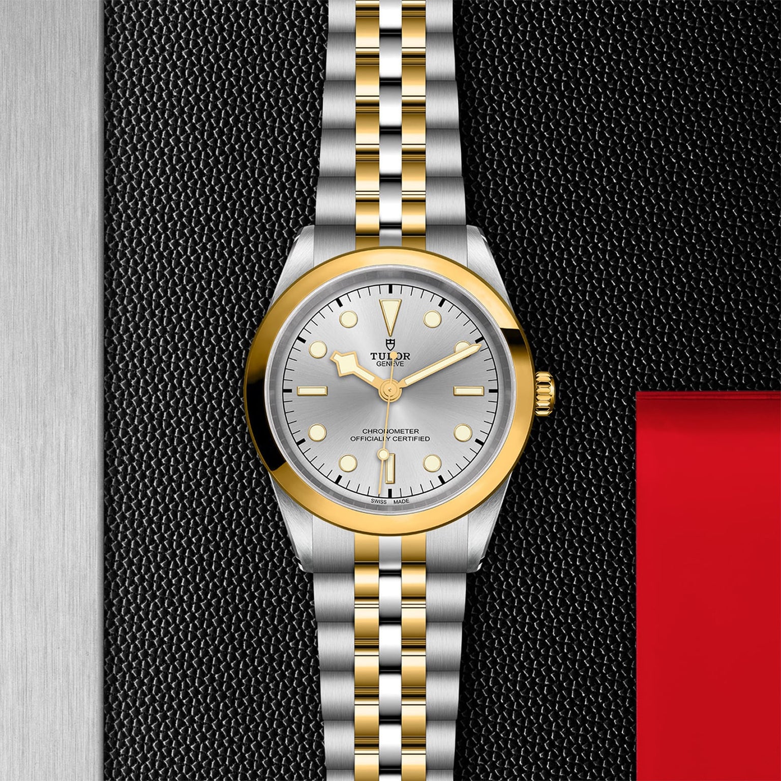 A TUDOR Black Bay One 41 S&G wristwatch, featuring a silver and gold finish with a white dial, displayed on a textured black and silver background.