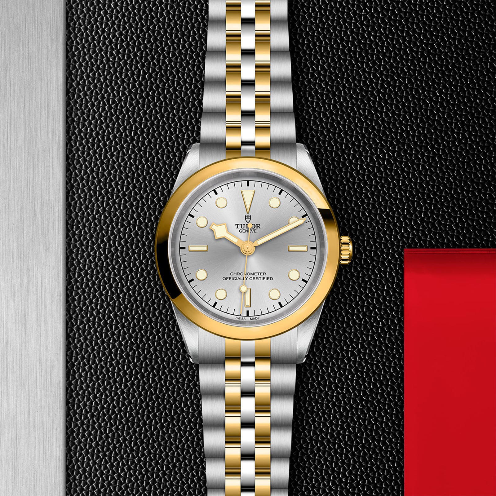 A TUDOR Black Bay One 41 S&G wristwatch, featuring a silver and gold finish with a white dial, displayed on a textured black and silver background.