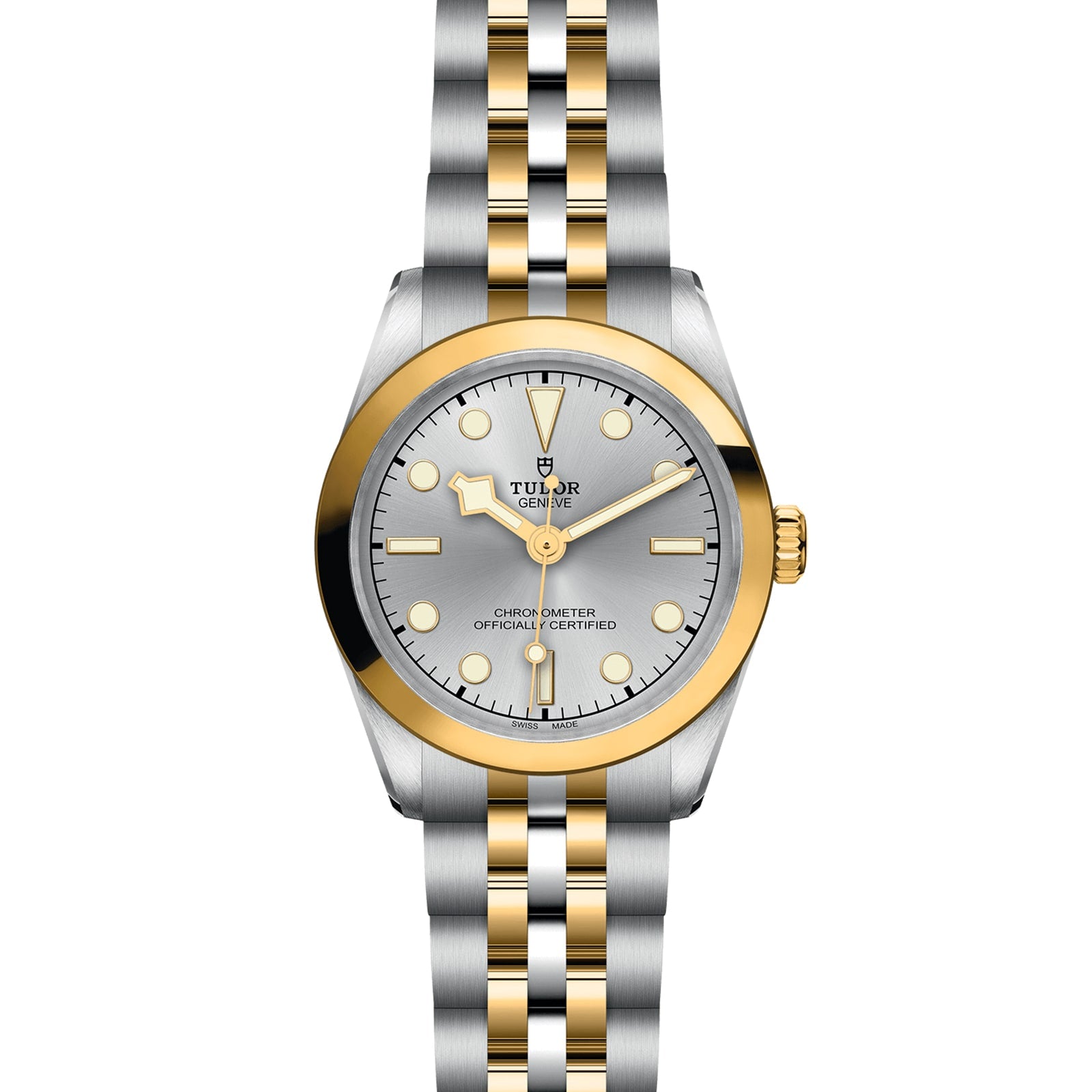 The TUDOR Black Bay One 31 S&G features a silver and gold bracelet, gold bezel, silver dial, and gold hour markers and hands, epitomizing the distinctive elegance of TUDOR wristwatches.