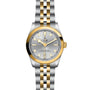 The TUDOR Black Bay One 31 S&G features a silver and gold bracelet, gold bezel, silver dial, and gold hour markers and hands, epitomizing the distinctive elegance of TUDOR wristwatches.
