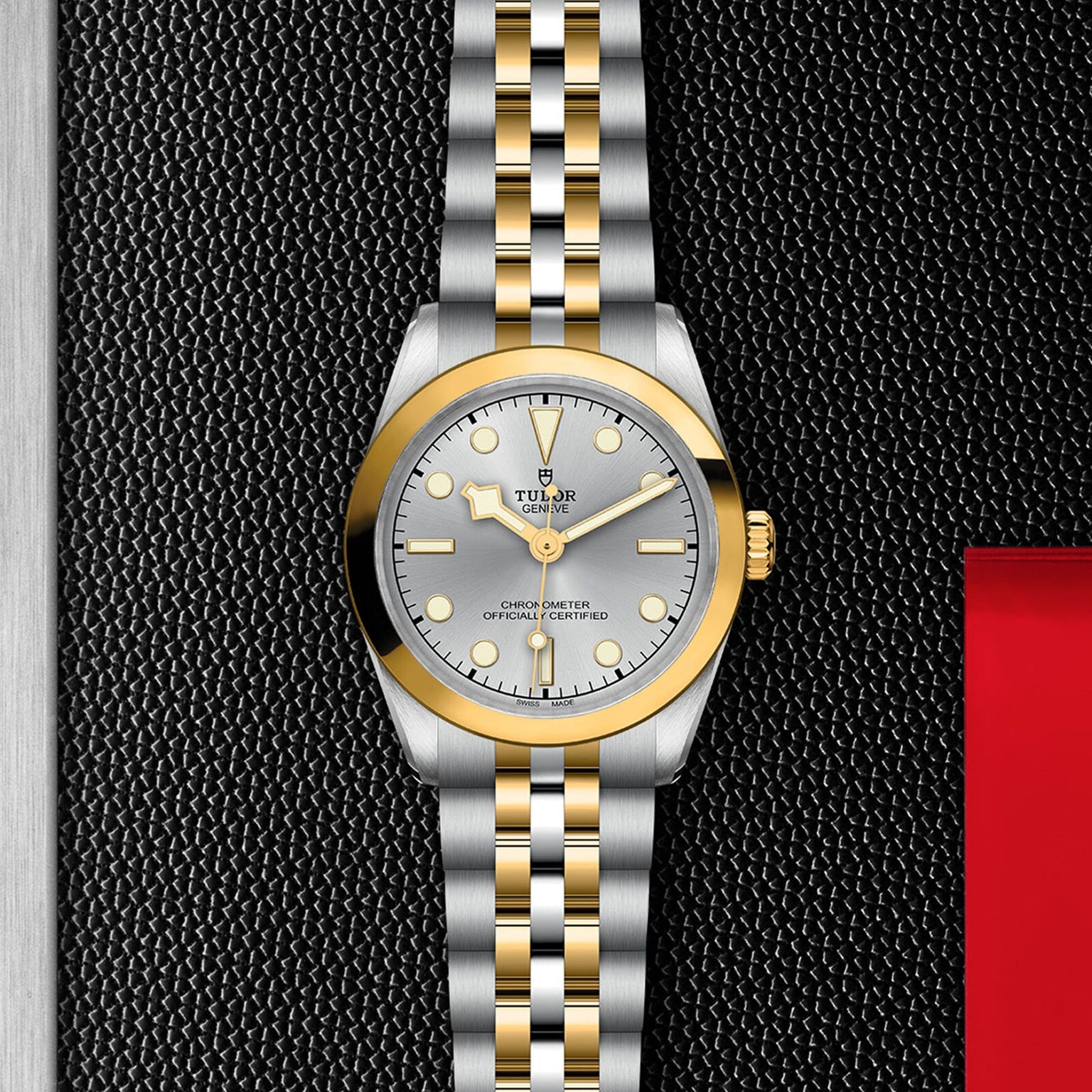 A TUDOR Black Bay One 31 S&G wristwatch with a silver dial, gold bezel, and steel-and-gold bracelet is displayed on a textured black background beside a red accent.