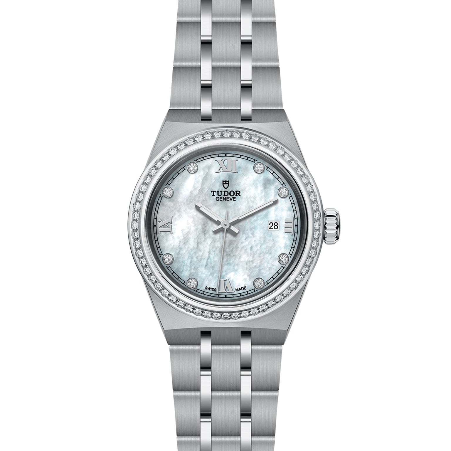 The TUDOR Royal is a silver wristwatch with a mother-of-pearl dial, diamond hour markers, Roman numerals, date display, and a diamond-set bezel on a metal link bracelet.