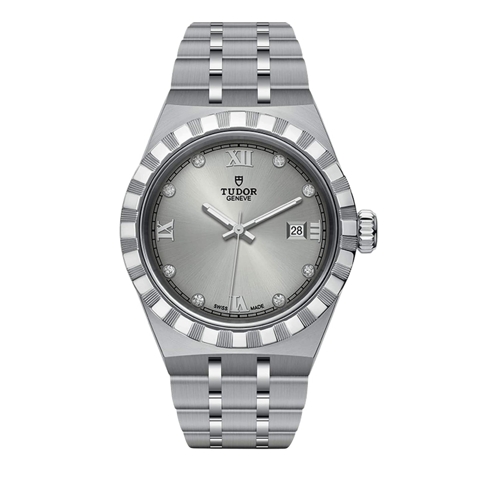 The TUDOR Royal wristwatch features a silver dial with Roman numerals, diamond hour markers, date at 3 o’clock, and a stainless steel and gold bracelet—an automatic sport-chic timepiece for discerning tastes.