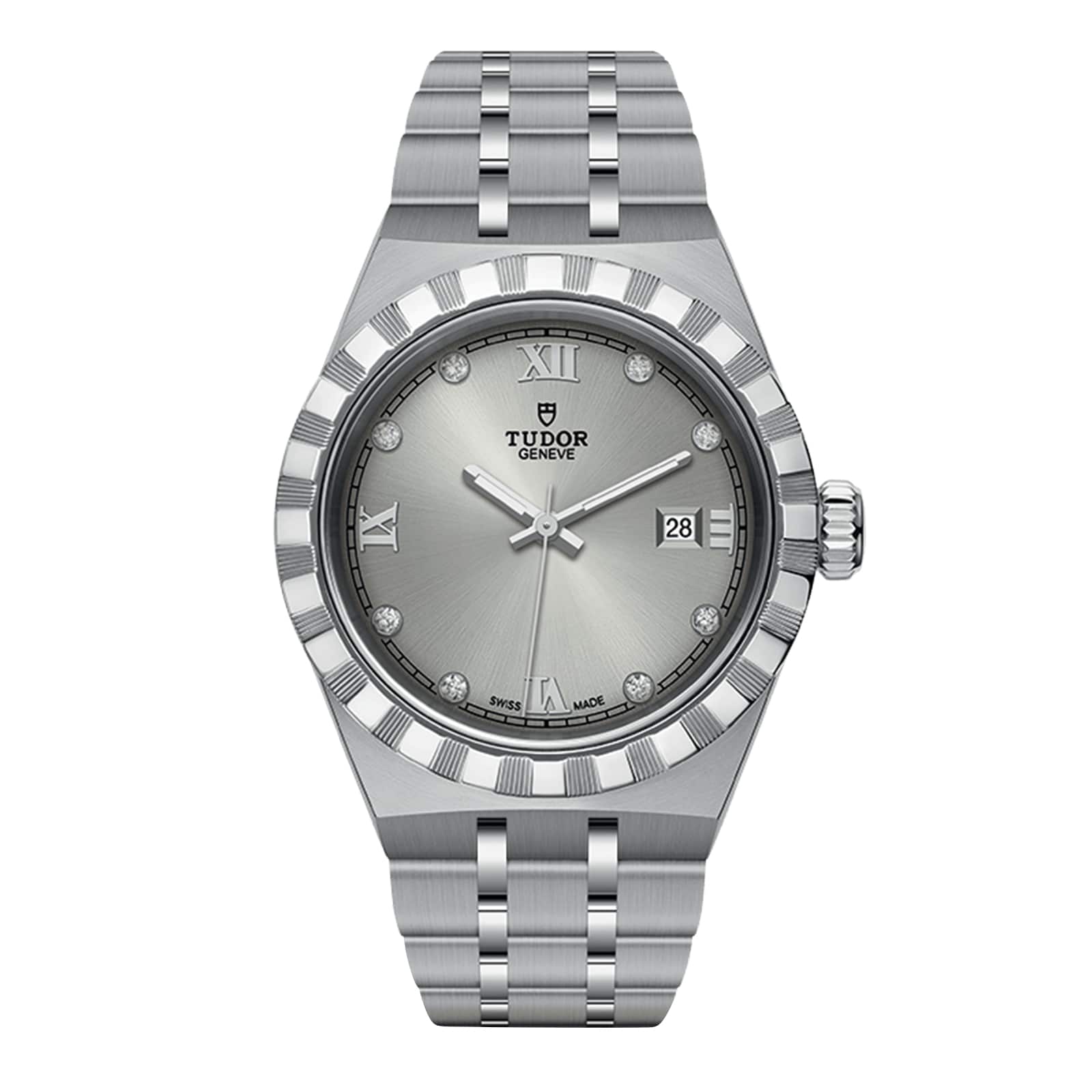 The TUDOR Royal wristwatch features a silver dial with Roman numerals, diamond hour markers, date at 3 o’clock, and a stainless steel and gold bracelet—an automatic sport-chic timepiece for discerning tastes.
