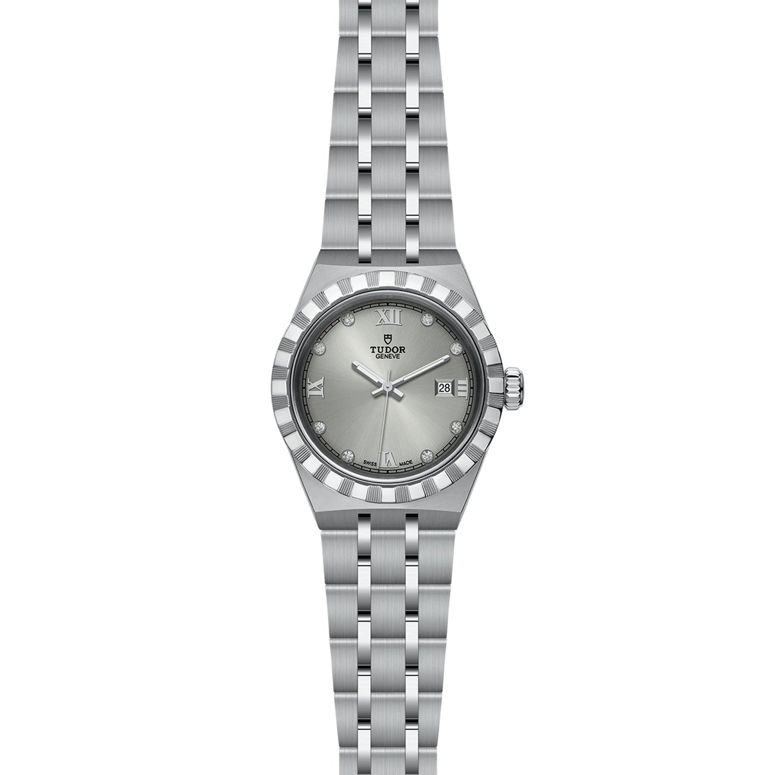 The TUDOR Royal wristwatch features a stainless steel and gold bracelet, fluted bezel, silver dial with Roman numerals and diamond markers, automatic movement, and a date window at 3 oclock for a sport-chic look.