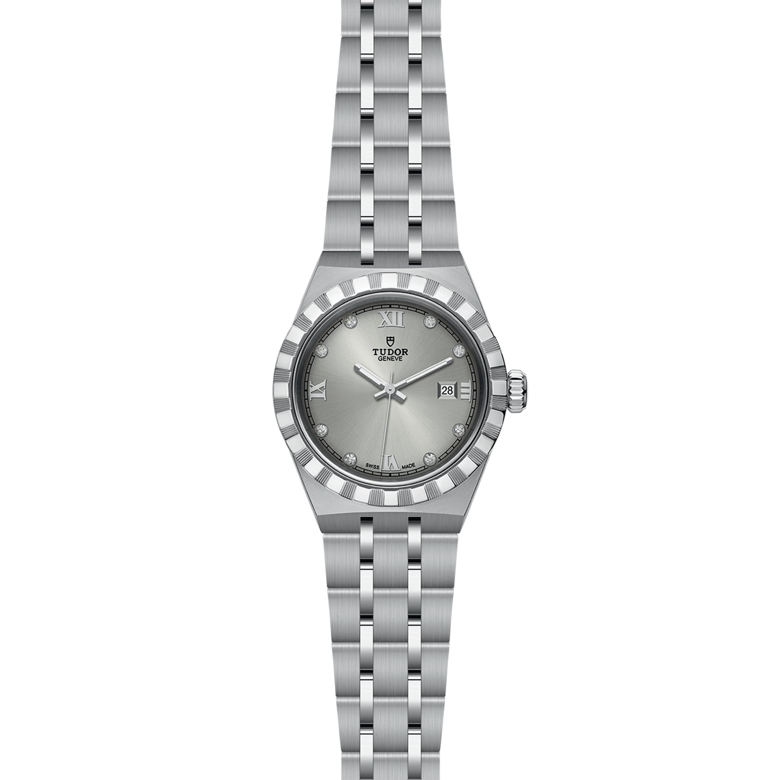 The TUDOR Royal wristwatch features a stainless steel and gold bracelet, fluted bezel, silver dial with Roman numerals and diamond markers, automatic movement, and a date window at 3 oclock for a sport-chic look.