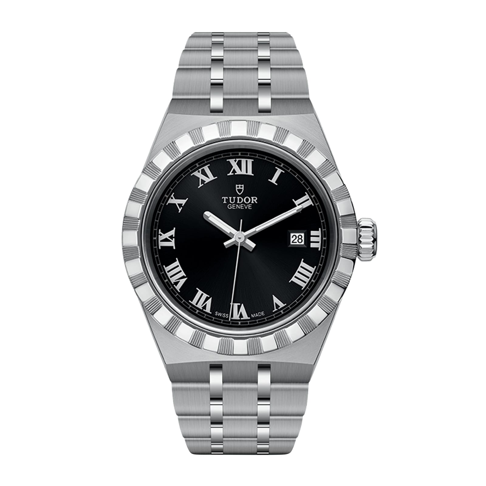 The TUDOR Royal is a stainless steel automatic watch with a black dial, Roman numerals, date at 3 o’clock, and a brushed metal bracelet—offering an elegant sport-chic style.