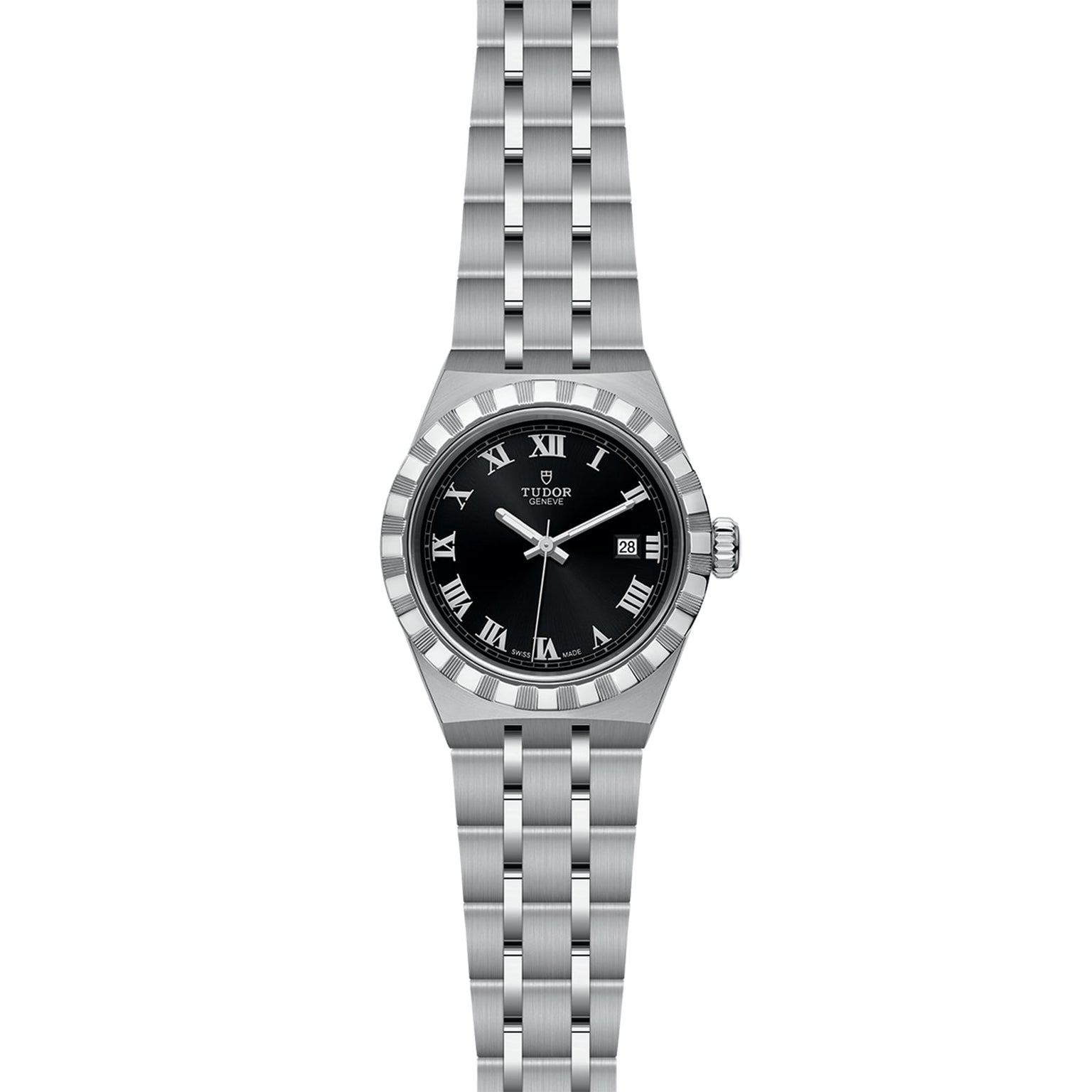 The TUDOR Royal is a stainless steel and gold wristwatch featuring a black dial, Roman numeral hour markers, and a five-link bracelet—an iconic automatic sport-chic timepiece.