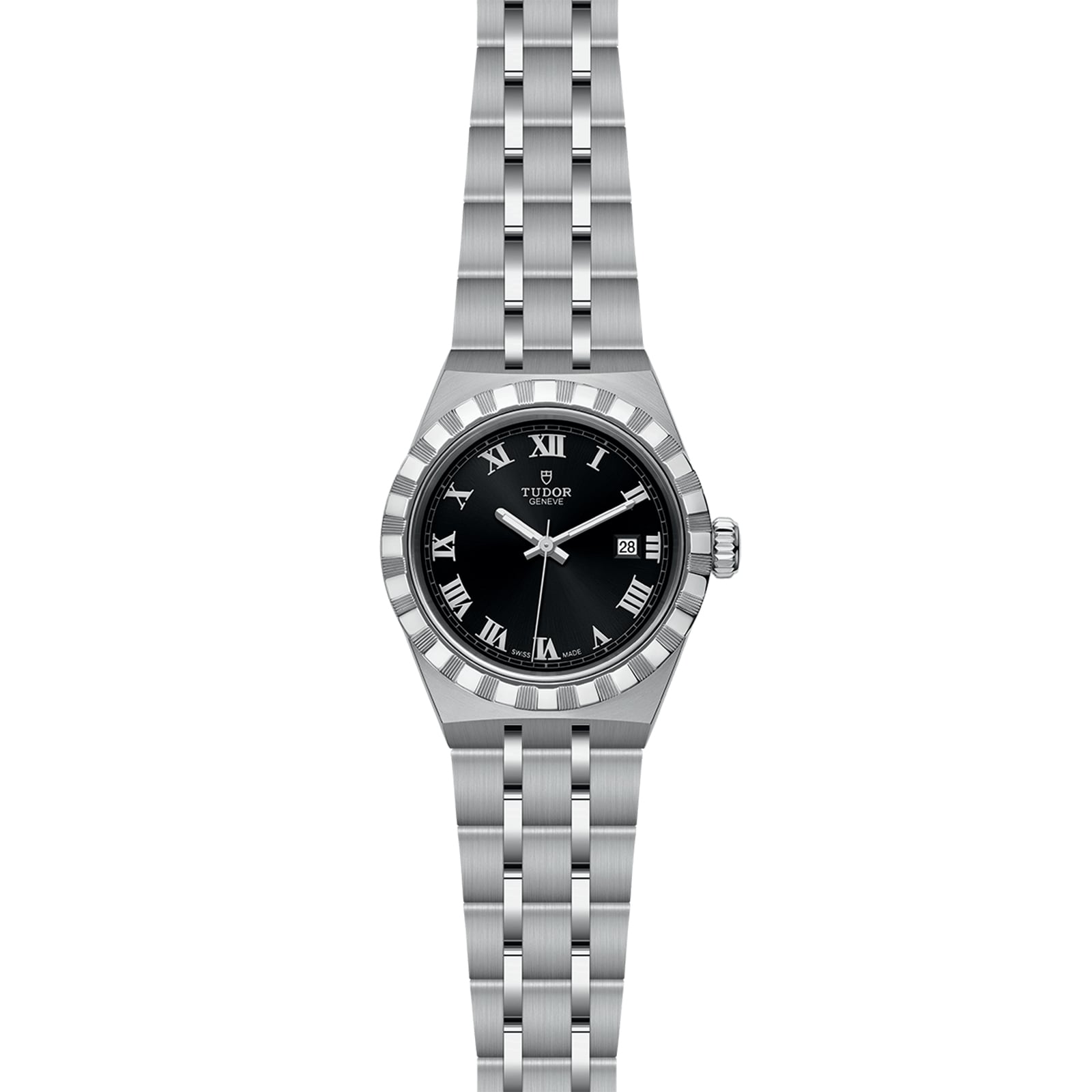 The TUDOR Royal is a stainless steel and gold wristwatch featuring a black dial, Roman numeral hour markers, and a five-link bracelet—an iconic automatic sport-chic timepiece.