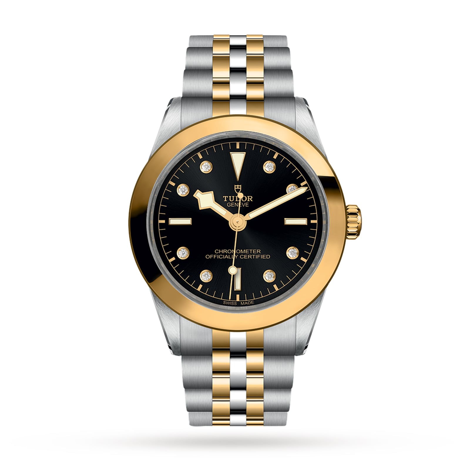 The TUDOR Black Bay One 39 S&G features a black dial, yellow gold hour markers, and a two-tone bracelet with silver and gold links—a modern tribute to classic divers watches.